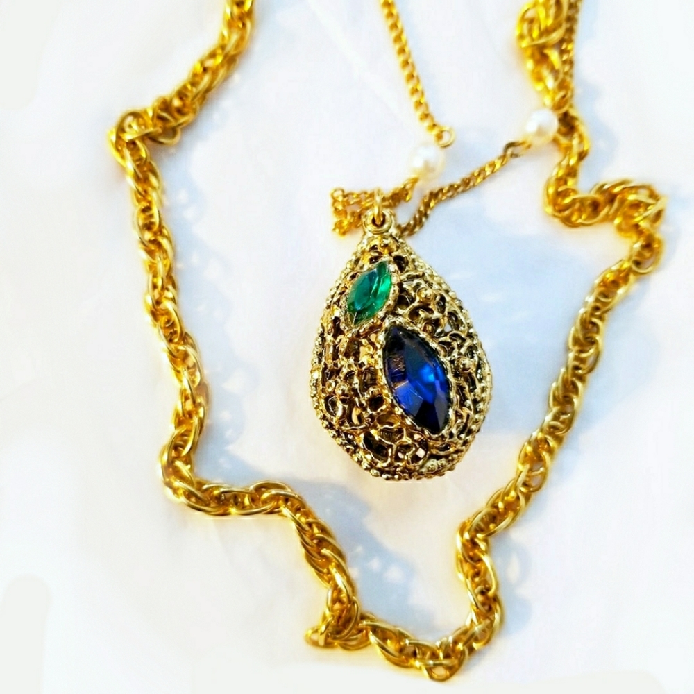 Vintage necklace Renaissance style two strand  gold tone blue green tear…